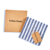 Navy & White | Amalfi Stripe Navy & White Cocktail Napkin Packing Image With Brown Box With Solino Home Branding