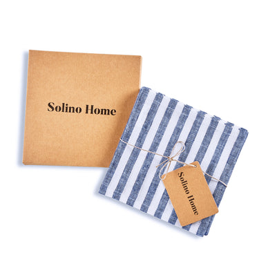 Navy & White | Amalfi Stripe Navy & White Cocktail Napkin Packing Image With Brown Box With Solino Home Branding
