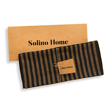 Brown Sugar & Black | Solino Home Amalfi Stripe Brown Sugar & Black Round Linen Tablecloth In Branded Packaging