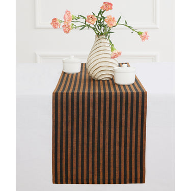 Pumpkin & Black | Solino Home Amalfi Stripe Pumpkin & Black Linen Table Runner Displayed Flat For Product View