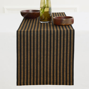 Brown Sugar & Black | Solino Home Amalfi Stripe Brown Sugar & Black Linen Table Runner Displayed Flat For Product View