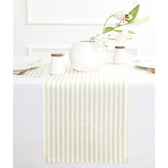 Sage & White | Solino Home Amalfi Stripe Sage & White Linen Table Runner Displayed Flat For Product View