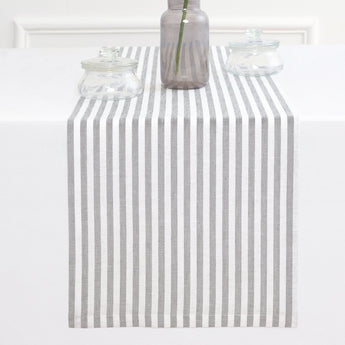 Grey & White | Solino Home Amalfi Stripe Grey & White Linen Table Runner Displayed Flat For Product View
