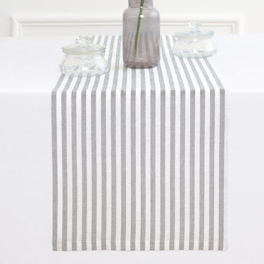 Grey & White | Solino Home Amalfi Stripe Grey & White Linen Table Runner Displayed Flat For Product View