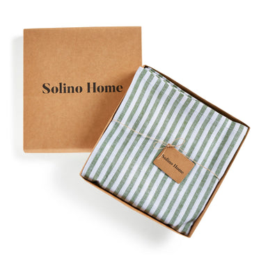 Green & White | Solino Home Amalfi Stripe Green & White Tablecloth Linen Tablecloth In Branded Packaging