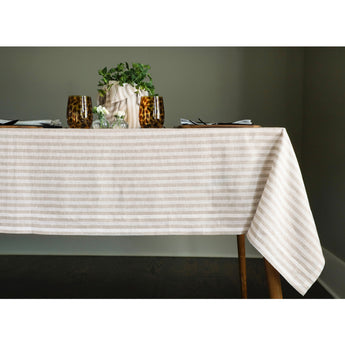 Natural & White | Amalfi Stripe Natural & White Linen Tablecloth Displayed Flat For Product View