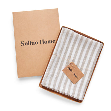 Natural & White | Solino Home Amalfi Stripe Natural & White Linen Dinner Napkin Set In Branded Packaging