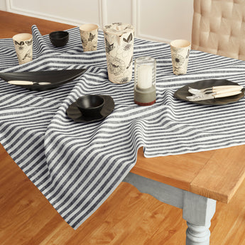 Black & White | Amalfi Stripe Black & White Linen Table Throw Displayed Flat Table For Product View
