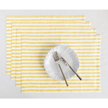 Primrose Yellow & White | Amalfi Stripe Primrose Yellow & White Linen Placemats Displayed Flat For Product View