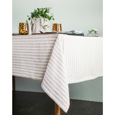 Natural & White | Amalfi Stripe Natural & White Tablecloth Textured Linen Tablecloth Styled With Dinnerware And Candles