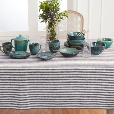 Black & White | Amalfi Stripe Black & White Tablecloth Textured Linen Tablecloth Styled With Dinnerware And Candles