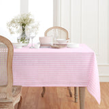 Cherry Blossom & White | Amalfi Stripe Cherry Blossom & White Linen Tablecloth Displayed Flat For Product View