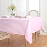 Cherry Blossom & White | Amalfi Stripe Cherry Blossom & White Tablecloth Textured Linen Tablecloth Styled With Dinnerware And Candles
