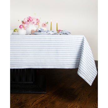 Sky Blue & White | Amalfi Stripe Sky Blue & White Linen Tablecloth Displayed Flat For Product View