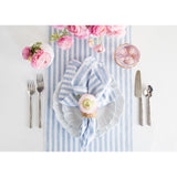 Sky Blue & White | Amalfi Stripe Elegant Dinner Table Featuring Sky Blue & White Linen Napkins And Tableware