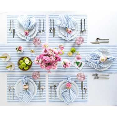 Sky Blue & White | Amalfi Stripe Sky Blue & White Linen Dinner Napkins Arranged For Dining Décor