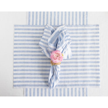 Sky Blue & White | Amalfi Stripe Navy & White Linen Placemats Paired With Ceramic Dinnerware