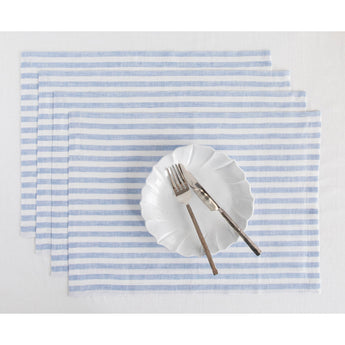 Sky Blue & White | Amalfi Stripe Sky Blue & White Linen Placemats Displayed Flat For Product View