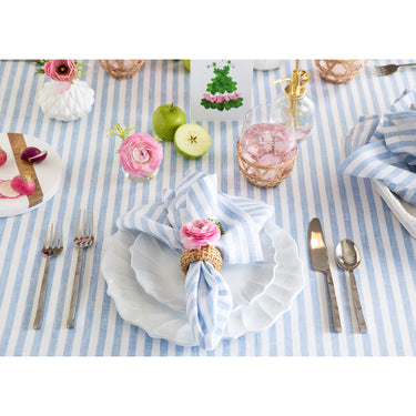 Sky Blue & White | Amalfi Stripe Sky Blue & White Tablecloth Elegant Dining Setup Featuring A Soft Linen Tablecloth