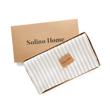 Natural & White | Solino Home Amalfi Stripe Natural & White Tablecloth Linen Tablecloth In Branded Packaging