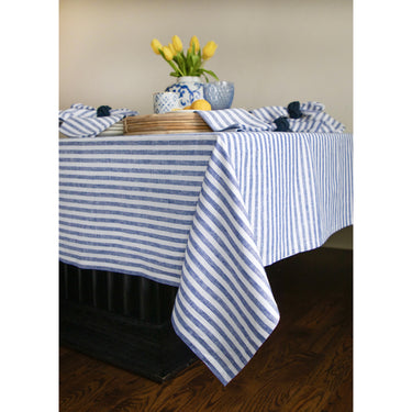 Navy & White | Amalfi Stripe Navy & White Tablecloth Neutral Linen Tablecloth With Farmhouse Table Décor