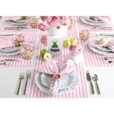 Cherry Blossom & White | Solino Home Amalfi Stripe Cherry Blossom & White Elegant Dining Setup With Textured Linen Table Runner