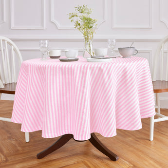 Cherry Blossom & White | Amalfi Stripe Cherry Blossom & White Round Linen Tablecloth Displayed Round Table  For Product View