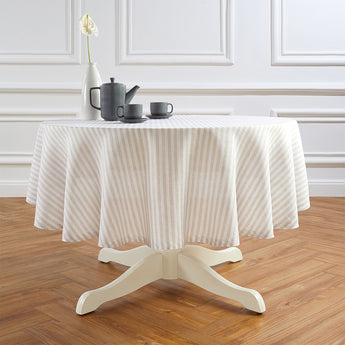 Natural & White | Amalfi Stripe Natural & White Soft Linen Round Tablecloth For Everyday Table Setting