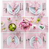 Cherry Blossom & White | Amalfi Stripe Elegant Dinner Table Featuring Cherry Blossom & White Linen Napkins And Tableware
