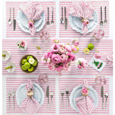 Cherry Blossom & White | Solino Home Amalfi Stripecherry Blossom & White Soft Woven Table Runner Layered With Dinnerware And Candles