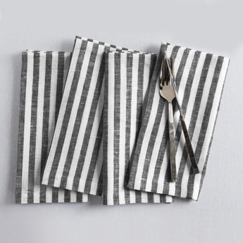 Black & White | Amalfi Stripe Black & White Linen Dinner Napkins Folded For Product Display