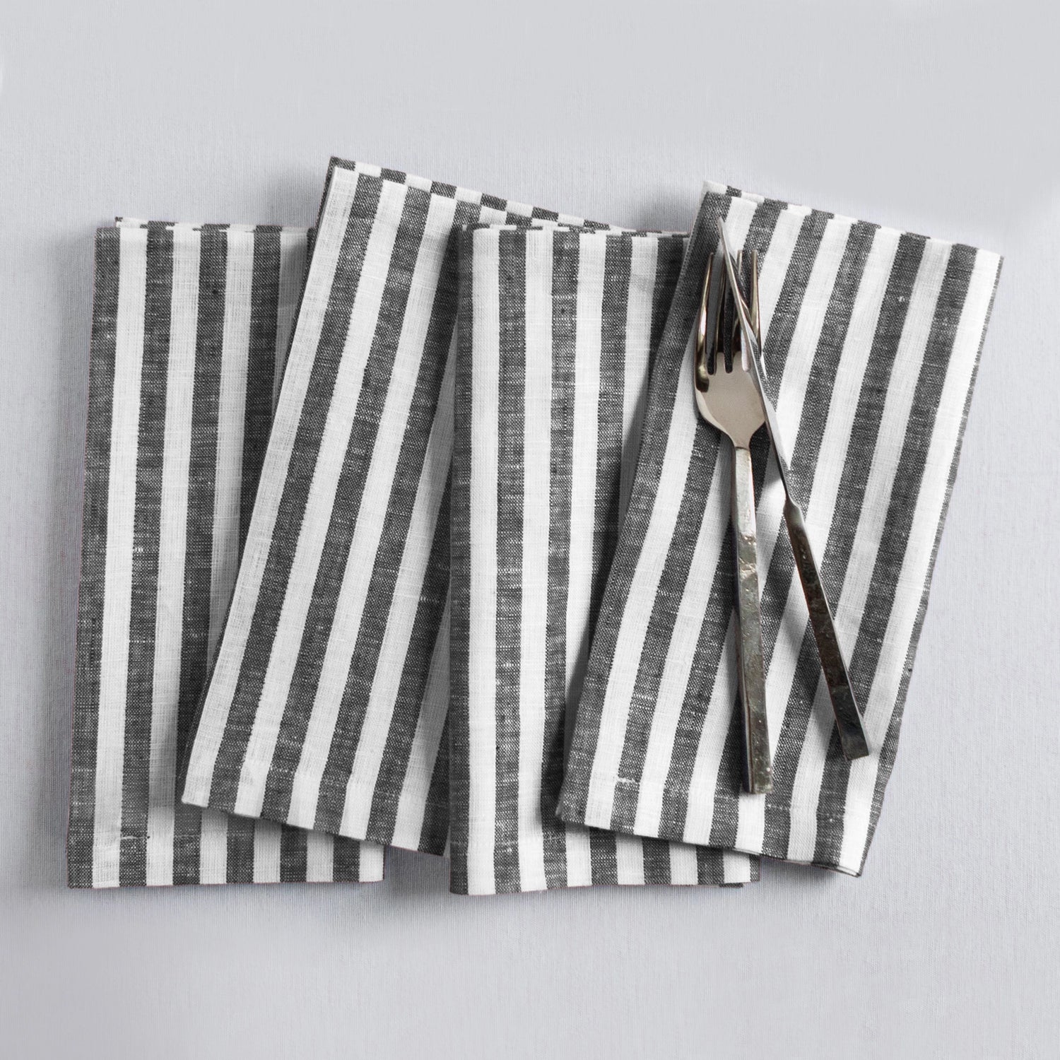 Amalfi Stripe Black & White Linen Dinner Napkins Folded For Product Display
