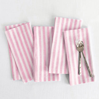 Cherry Blossom & White | Amalfi Stripe Cherry Blossom & White Linen Dinner Napkins Folded For Product Display