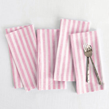 Cherry Blossom & White | Amalfi Stripe Cherry Blossom & White Linen Dinner Napkins Folded For Product Display