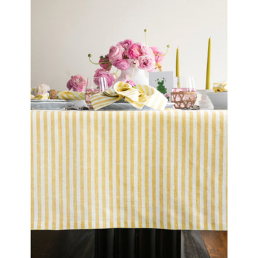 Primrose Yellow & White | Amalfi Stripe Primrose Yellow & White Tablecloth Linen Tablecloth Styled On A Modern Dining Table