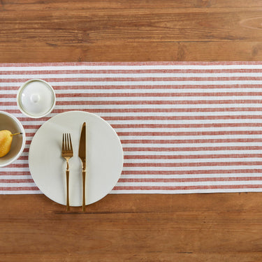 Cinnamon & White | Solino Home Amalfi Stripe Cinnamon & White Neutral Linen Table Runner With Farmhouse Table Decor