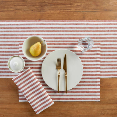 Cinnamon & White | Solino Home Amalfi Stripe Cinnamon & White Soft Woven Table Runner Layered With Dinnerware And Candles