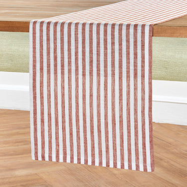 Cinnamon & White | Solino Home Amalfi Stripe Cinnamon & White Elegant Dining Setup With Textured Linen Table Runner
