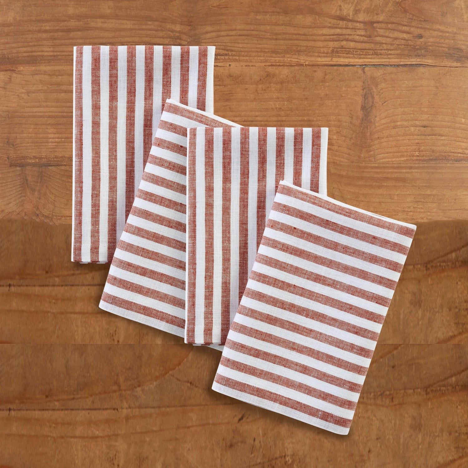 Amalfi Stripe Cinnamon & White Linen Dinner Napkins Folded For Product Display