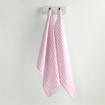 Cherry Blossom & White | Amalfi Stripe Cherry Blossom & White Linen Kitchen Towels Hanging In Kitchen