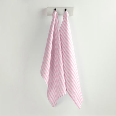 Cherry Blossom & White | Amalfi Stripe Cherry Blossom & White Linen Kitchen Towels Hanging In Kitchen