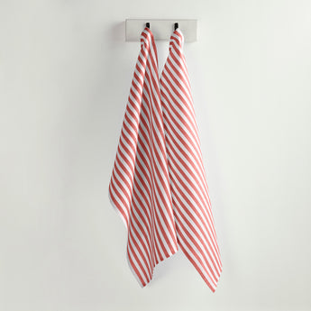 Red & White | Amalfi Stripe Red & White Linen Kitchen Towels Hanging In Kitchen