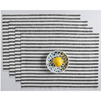 Black & White | Amalfi Stripe Black & White Linen Placemats Displayed Flat For Product View