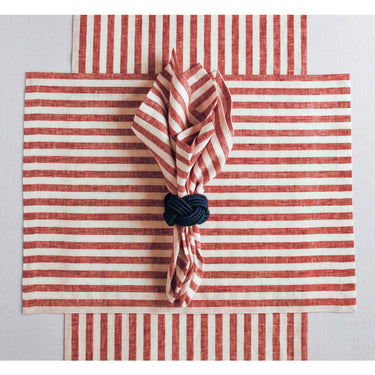 Red & White | Amalfi Stripe Red & White Linen Placemats Paired With Ceramic Dinnerware