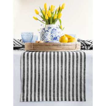 Black & White | Solino Home Amalfi Stripe Black & White Linen Table Runner Displayed Flat For Product View