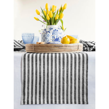 Black & White | Solino Home Amalfi Stripe Black & White Linen Table Runner Displayed Flat For Product View