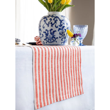 Red & White | Solino Home Amalfi Stripe Red & White Elegant Dining Setup With Textured Linen Table Runner