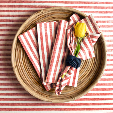 Red & White | Amalfi Stripe Red & White Linen Dinner Napkins Styled On An Elegant Dining Table