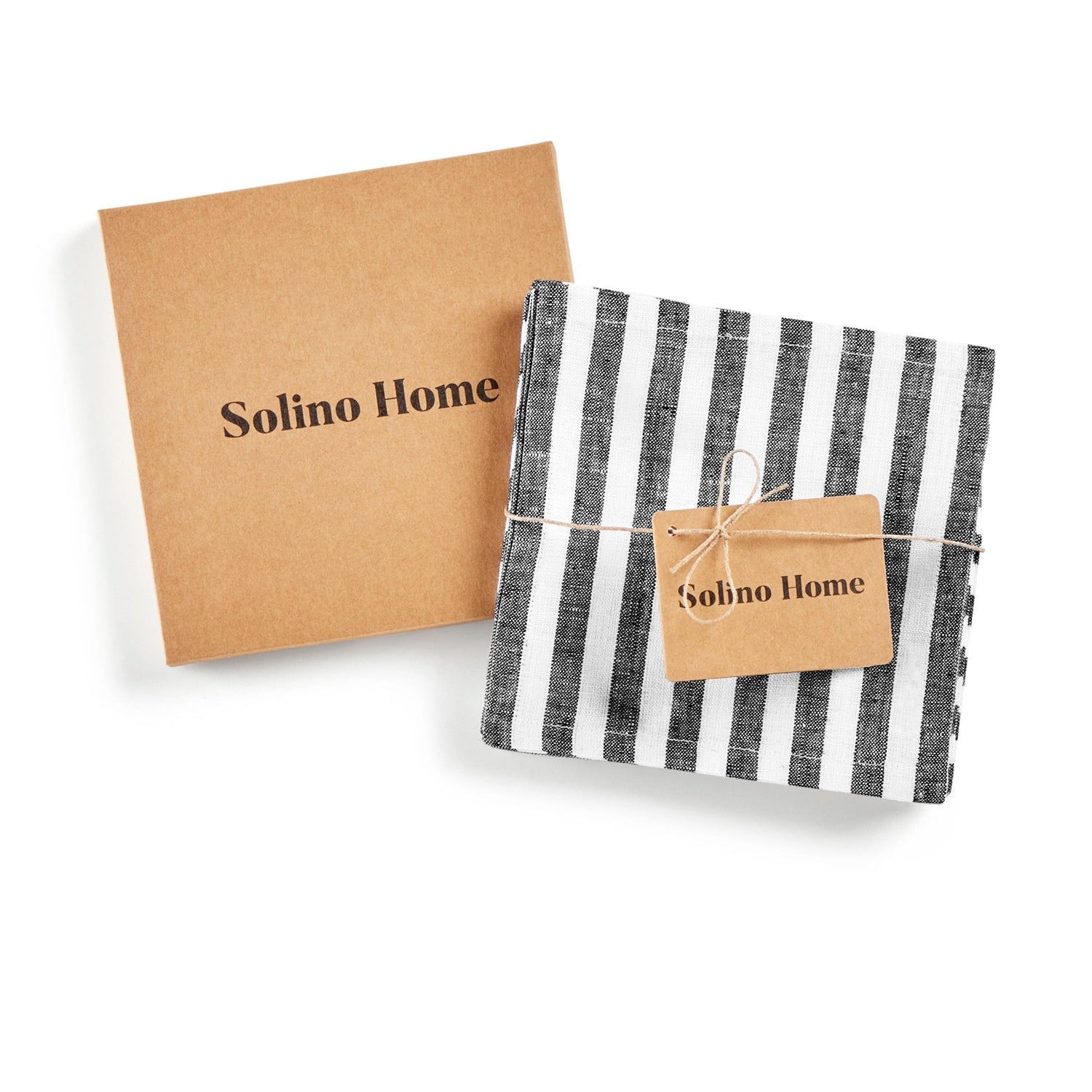 Amalfi Stripe Black & White Cocktail Napkin Packing Image With Brown Box With Solino Home Branding