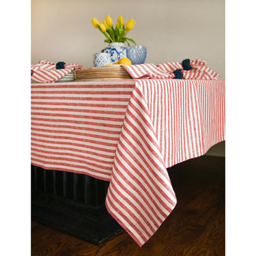 Red & White | Amalfi Stripe Red & White Tablecloth Textured Linen Tablecloth Styled With Dinnerware And Candles